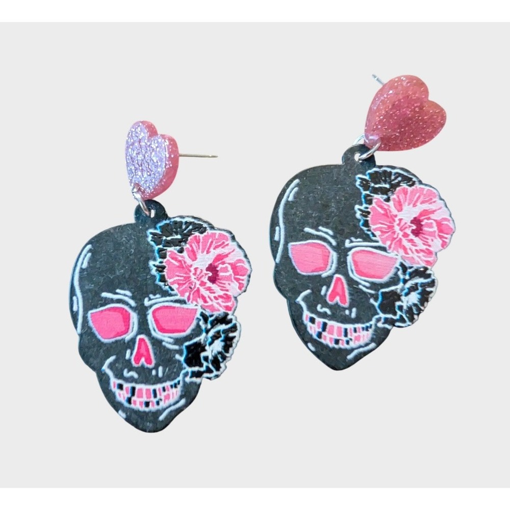 Black Pink Earrings Sugar Skull Floral Glitter Heart Drop Day of the Dead